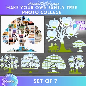 Puede incluir: Un conjunto de diseños digitales con siete plantillas de collage de fotos de árboles genealógicos. Los diseños incluyen siluetas de árboles con espacios para fotos, y el texto "MAKE YOUR OWN FAMILY TREE PHOTO COLLAGE" y "SET OF 7". Los diseños son editables en Canva.
