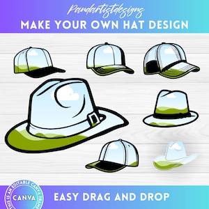 May include: A set of six hat designs featuring a blue sky with a white cloud and green grass. The hats are in different styles, including a baseball cap, a trucker hat, a fedora, and a cowboy hat. The text "Make Your Own Hat Design" and "Easy Drag and Drop" are also included in the image.