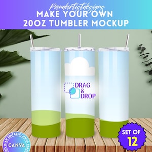 20oz Skinny Tumbler Mock-up, Canva Tumbler Mockup, Drag and Drop, Add Your Own Pattern, Time Saver, Fillable Plant Background, Canva Frame