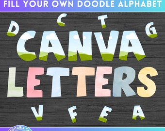 Fill your own Doodle Letters & Number on CANVA with Easy Drag and Drop - Canva Frames Bundle Design - Hand Drawn Digital Alphabet Letter PNG