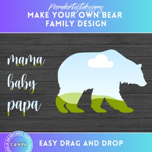 May include: A digital design template for a family portrait featuring a silhouette of a bear with a blue sky and green hills inside. The words "mama", "baby", and "papa" are written in a cursive font below the bear. The text "EASY DRAG AND DROP" is written below the bear silhouette. The text "THIS IS AN EDITABLE CANVA FRAME" is written in a circle around the word "CANVA".