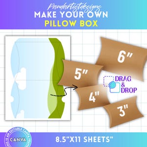 Könnte beinhalten: Grafik mit einer Pillow-Box-Vorlage und Beispielen in verschiedenen Größen: 7,6 cm, 10,2 cm, 12,7 cm und 15,2 cm. Das Design enthält den Text "MAKE YOUR OWN PILLOW BOX" und "8.5"X11 SHEETS". Das Bild zeigt auch ein "DRAG & DROP"-Element.