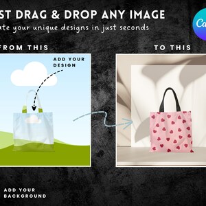 May include: A graphic showing how to use Canva to create a custom tote bag design. The image shows a blank tote bag with a cloud on it, and an arrow pointing to the cloud. The text "Add your design" is above the arrow. The image then shows a tote bag with a pink background and red hearts on it. The text "Add your background" is below the tote bag. The text "Just drag & drop any image" is at the top of the image. The text "Create your unique designs in just seconds" is below the first line of text. The text "From this" is above the first tote bag. The text "To this" is above the second tote bag. The Canva logo is in the top right corner of the image.