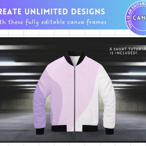 May include: A white and light purple bomber jacket with a black zipper and black ribbed cuffs and waistband. The jacket is photographed against a blurred background of a parking garage.