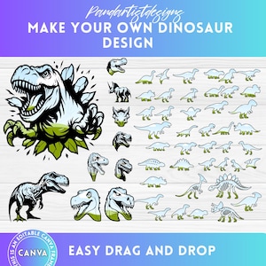 Op de afbeelding: Een digitaal ontwerp met dinosaurus illustraties en graphics. Het ontwerp bevat een grote T-Rex graphic, dinosauruskoppen en contouren, met de tekst "MAKE YOUR OWN DINOSAUR DESIGN" en "EASY DRAG AND DROP".