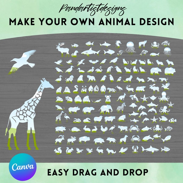 Mega Bundle Animals Silouhette Design auf CANVA – Drag and Drop – Canva Frames – African Jungle Savanah Wildlife Ocean Sea Animals Pack Png