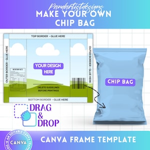 Könnte beinhalten: Eine druckbare Chipstütenvorlage für Canva. Die Vorlage zeigt eine blaue Chipstüte mit dem Text "Chip Bag" darauf. Die Vorlage enthält auch einen Designbereich mit dem Text "Your Design Here" und Anweisungen zum Hinzufügen Ihres eigenen Designs.