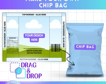 May include: A printable chip bag template for Canva. The template features a blue chip bag with the text "Chip Bag" on it. The template also includes a design area with the text "Your Design Here" and instructions for adding your own design.