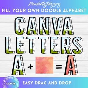 May include: A Canva graphic with the text "CANVA LETTERS" in a green, black, and white doodle font. The text "A + = A" is below the title, with a pink watercolor square in place of the plus sign.