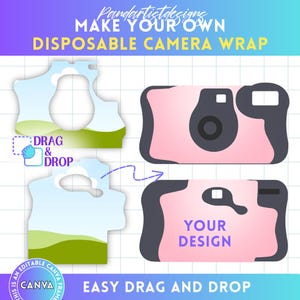 Puede incluir: Diseño de envoltura de cámara desechable rosa y gris con el texto "MAKE YOUR OWN DISPOSABLE CAMERA WRAP". El diseño incluye una plantilla de cámara y una sección "DRAG & DROP". También son visibles las palabras "YOUR DESIGN".