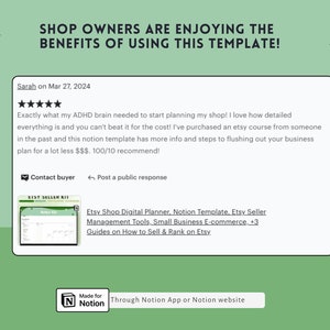 May include: A screenshot of a positive review for an Etsy shop digital planner template. The review is from Sarah on March 27, 2024. The review states that the template is exactly what her ADHD brain needed to start planning her shop. She loves how detailed everything is and says that the template is a great value for the cost. She also mentions that she has purchased an Etsy course in the past and that this template has more information and steps for flushing out a business plan for a lot less money. She gives the template a 100/10 recommendation.