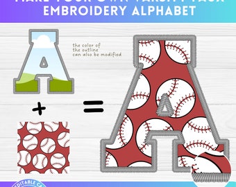 May include: A digital design template for a varsity letter A with a baseball pattern. The design is customizable and can be used to create a faux embroidery effect. The text "EASY DRAG AND DROP" is also included in the image.