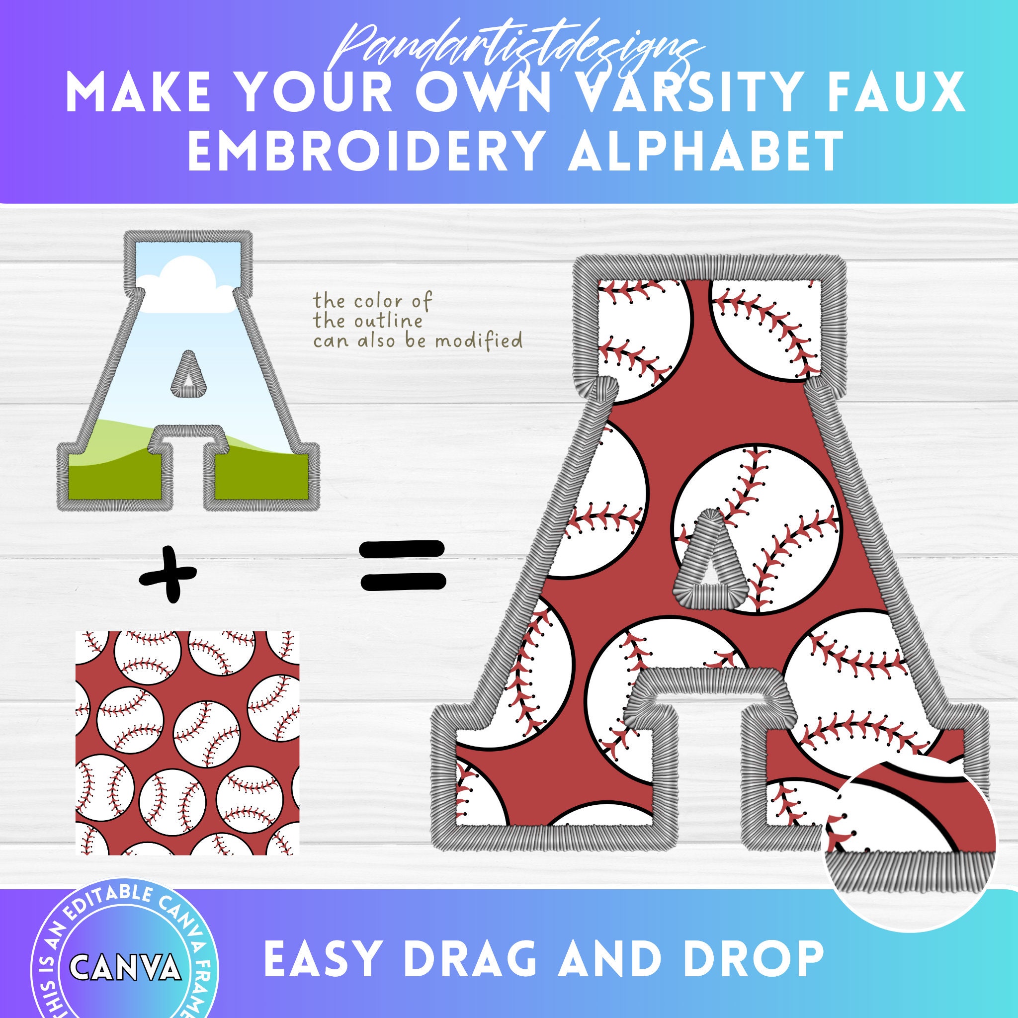 Varsity Faux Embroidery Canva Frame Alphabet, Digital Stitch letters PNG, Drag & Drop, Applique Patch, Duotone Effects, Fill Your own Blank