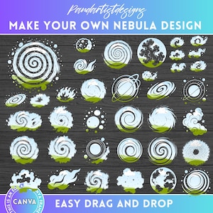 May include: A collection of nebula design elements in white, green, and blue, arranged on a dark wood-grain background. The text "MAKE YOUR OWN NEBULA DESIGN" and "EASY DRAG AND DROP" are displayed. The designs include spirals, planets, and cloud-like shapes.