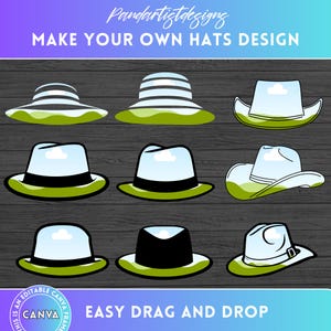 May include: Nine different hat designs with a green grass background. The hats are a striped straw hat, a cowboy hat, a fedora, and a baseball cap. Each hat has a white cloud on the top.