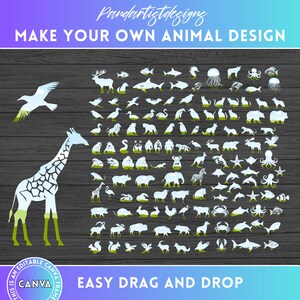 May include: A digital design sheet featuring a variety of animal silhouettes. The silhouettes are white and are layered over a background of green grass, blue sky, and white clouds. The text "MAKE YOUR OWN ANIMAL DESIGN" is at the top of the sheet. The text "EASY DRAG AND DROP" is at the bottom of the sheet. The text "CANVA" is in a circle at the bottom left of the sheet.