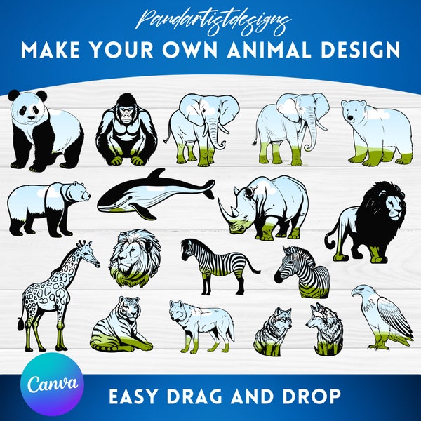 Make Your Own Animals Lover Design on CANVA with Drag and Drop - Canva Frames Bundle - African Jungle Animals Png - Sublimation Designs