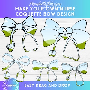 Pacchetto cornice in tela con fiocco per stetoscopio da infermiera, stetoscopio da infermiera preppy, trascina e rilascia, fiocco per infermiera in tela, modello per sublimazione con nastro