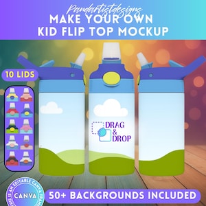 May include: A mockup featuring three kid's flip-top water bottles with blue and white designs. The image includes a selection of 10 lids and the text "Drag & Drop" and "50+ Backgrounds Included". The bottles have a sky and grass design.