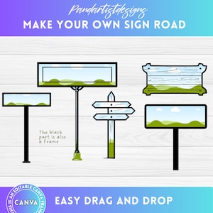 ドラッグ アンド ドロップで CANVA で独自の道路標識を作成 - 編集可能なテンプレート Canva フレーム - 昇華デザイン - 木製の道路標識 PNG 要素