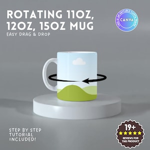 Geanimeerde roterende mok canvas mock-upsjabloon - 11 oz, 12 oz, 15 oz 180 graden rotatie - canvalijst - eenvoudig slepen en neerzetten - draaiende animatie