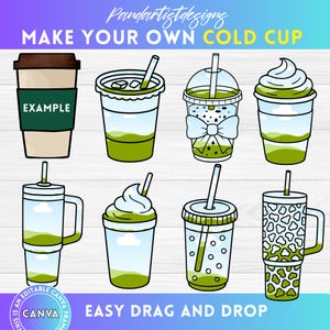 Make your Own Coffee Cold Cups Design on CANVA, Drag and Drop, Coffee Lover Png, Canva Frame Bundle, Latte with Whipped Cream, Hot cup Png