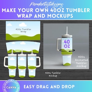 Puede incluir: Una plantilla de diseño digital para una envoltura y una maqueta de vaso de 40 onzas. El diseño presenta un paisaje verde y azul con nubes. El texto "40 oz Tumbler Wrap" y "40 oz Animated Tumbler Mockup" están incluidos en el diseño.