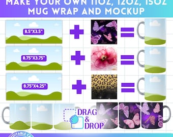 Make your own 11oz 12oz 15oz Mug Wrap and Mockup on Canva - Drag and Drop, Canva Frames Canva Template to Create Digital Sublimation Designs