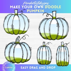 Peut inclure: Quatre dessins de citrouilles griffonnées avec un corps transparent, une base verte et un contour noir. Les citrouilles ont des tiges vertes et sont étiquetées "MAKE YOUR OWN DOODLE PUMPKIN" et "EASY DRAG AND DROP". Le design est modifiable dans Canva.