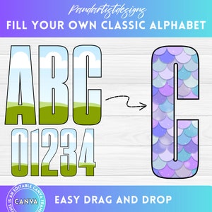 May include: A digital download of a printable alphabet and numbers with a sky and grass design. The letters and numbers are outlined in black and can be filled with any color or pattern. The image shows an example of the letter C filled with a mermaid scale pattern.