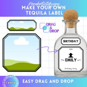 Tequila Label Editable Canva Template for Square Bottle, Bachelorette Party Favors, Wedding, 21st Birthday Labels Groomsman Gift Drag & drop