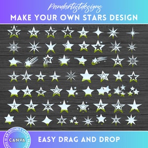 Puede incluir: Una hoja de diseño digital con 48 formas de estrellas diferentes en blanco y azul sobre un fondo de veta de madera. El texto "MAKE YOUR OWN STARS DESIGN" y "EASY DRAG AND DROP" están en la parte superior e inferior de la hoja. El texto "CANVA" está en un círculo verde con una estrella blanca en el centro.
