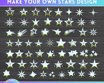 Paquete de marcos de Canva de estrellas brillantes - Imágenes prediseñadas de estrellas centelleantes brillantes - Arrastrar y soltar fácilmente - Plantilla editable PNG - Más de 50 siluetas en forma de estrellas