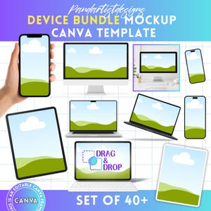 May include: A digital device mockup set featuring a smartphone, computer monitor, laptop, and tablet. The devices display a landscape scene with a blue sky and green hills. Text includes "Device Bundle Mockup Canva Template" and "Drag & Drop".