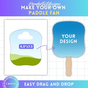 Könnte beinhalten: Grafik zur Werbung für Fächer. Sie zeigt einen blau-weißen Fächer mit Farbverlauf und dem Text "YOUR DESIGN". Ein zweites Bild zeigt ein Landschaftsdesign mit den Maßen 16,5 cm x 18,5 cm. Der Text lautet "MAKE YOUR OWN PADDLE FAN" und "EASY DRAG AND DROP".