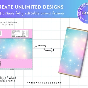May include: An image showcasing a design concept with the text "CREATE UNLIMITED DESIGNS" and "fully editable canva frames." It features a mock-up of a candy bar wrapper with a galaxy design, and the Canva logo. The design includes a tutorial and examples.
