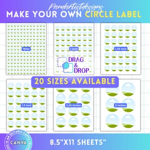 May include: A sheet of printable circle labels with various sizes, including 1 inch, 1.25 inch, 1.5 inch, 2.25 inches, and 3 inches. The design features a landscape scene within each circle. The text "MAKE YOUR OWN CIRCLE LABEL" is at the top.