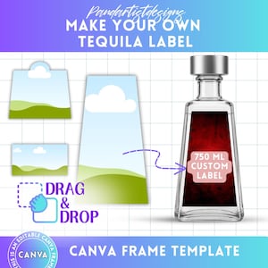 Modèle canva modifiable pour étiquette tequila, modèle 1800 pour bouteille de 750 ml, lot de cadre en toile, glisser-déposer, anniversaire, remise des diplômes, mariage