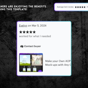 May include: A customer review for a graphic design template with a five-star rating and the text "worked for what I needed". The review is from Evelyn on March 5, 2024. The average item review is five stars with a rating of (1240).