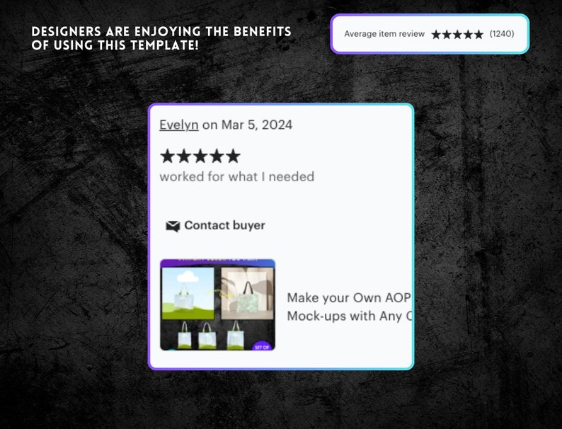 May include: A customer review for a graphic design template with a five-star rating and the text "worked for what I needed". The review is from Evelyn on March 5, 2024. The average item review is five stars with a rating of (1240).