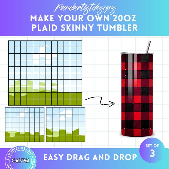 Design your Own Plaid Tangram Tumbler Wraps on Canva, 20oz Skinny Tumbler; Drag and Drop, Canva Frame; Buffalo Plaid Xmas Sublimation PNG