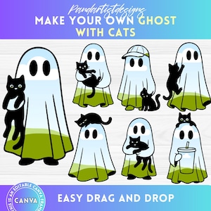 May include: A digital design featuring cartoon ghosts with black cats. The ghosts are white with a light blue top and green bottom. The cats are black. Text reads "MAKE YOUR OWN GHOST WITH CATS" and "EASY DRAG AND DROP".