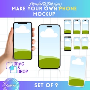 Smartphone Bundle Mockup - Cell Phone Canva Frame Screen Mock-up - Drag and Drop - Editable Sublimation Template Device Background Wallpaper