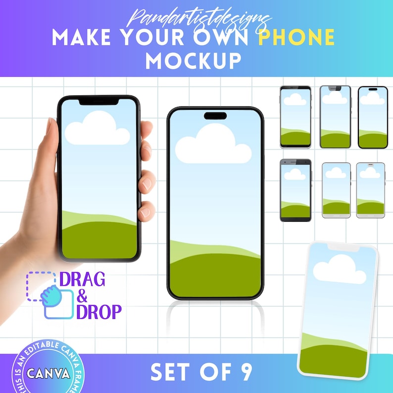 Smartphone Bundle Mockup - Cell Phone Canva Frame Screen Mock-up - Drag and Drop - Editable Sublimation Template Device Background Wallpaper image 1