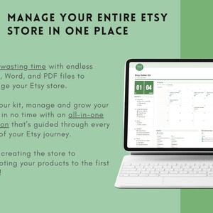 May include: A laptop computer displaying a calendar with the text "Etsy Seller Kit" and the dates "01 04". The text "Manage Your Entire Etsy Store In One Place" is displayed above the laptop.