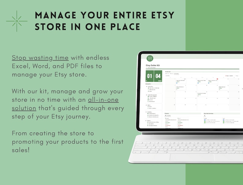 May include: A laptop computer displaying a calendar with the text "Etsy Seller Kit" and the dates "01 04". The text "Manage Your Entire Etsy Store In One Place" is displayed above the laptop.