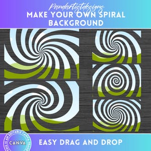 May include: Four digital backgrounds with a swirling spiral pattern in white and blue with green hills at the bottom. The text "Make Your Own Spiral Background" and "Easy Drag and Drop" are at the top and bottom of the image.