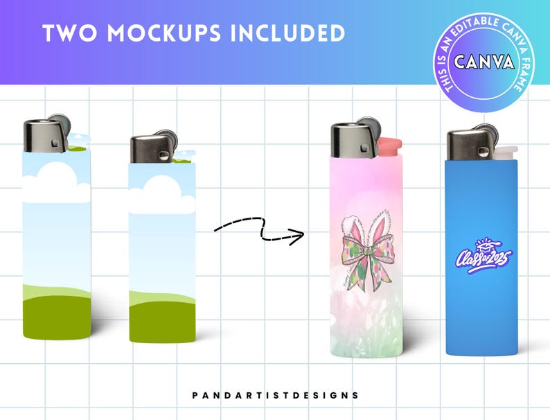 May include: Two customizable lighter mockups. One mockup features a blue sky, white clouds, and green grass. The other mockup features a pink and white background with a pink bow and a blue background with the text "Class of 2025".