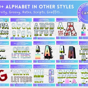 May include: A graphic showcasing various alphabet styles, including Varsity, Groovy, and Retro, with the text "60+ ALPHABET IN OTHER STYLES." The image features examples of each style, with the word "CANVA" prominently displayed, and instructions to "Easy Drag and Drop."