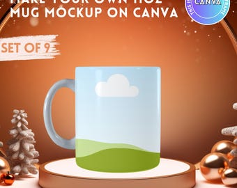 Canva Frame 11oz Mug Christmas Mockup - Easy Drag and Drop - Set of 9 Xmas Background - Create Digital Sublimation Designs - Santa Template
